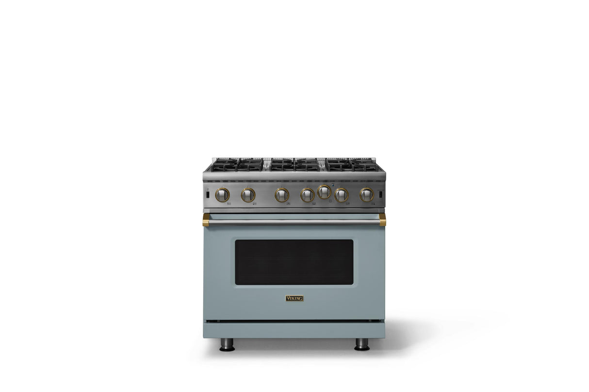 36"W. Open Burner Gas Range (Finish: November Sky, Trim: Brushed Brass, Fuel: Propane)