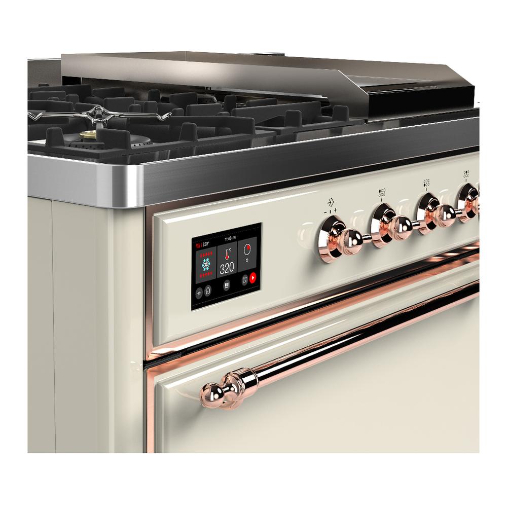 ILVE UM48FSQNR3AWP Majestic III 48 inch Dual Fuel Range with 5 Black Brass Burners, Griddle and French Top, Dual Function Burner up to 25,000 BTU (Natural Gas, Solid Door, Antique White, Copper)