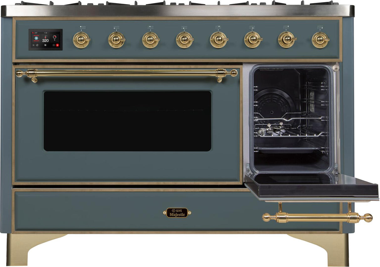 Majestic II 48 Inch Dual Fuel Natural Gas Freestanding Range in Blue Grey with Brass Trim