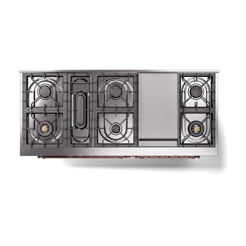 ILVE UN60FQNMPBUPLP Nostalgie II Noblesse 60 inch Dual Fuel Range (9 Sealed Burners + Griddle, Liquid Propane, Solid Door, Burgundy, Copper)