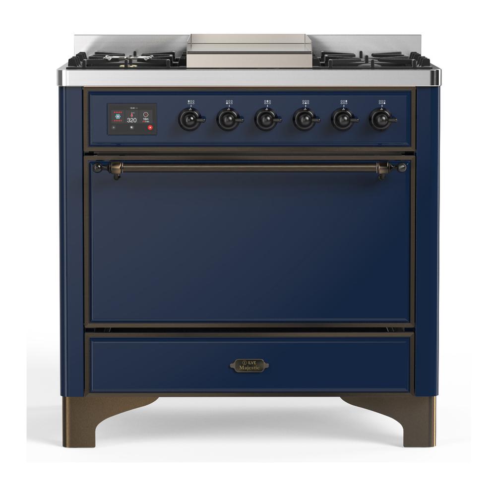 ILVE UM36FQNR3MBBLP Majestic III 36 inch Dual Fuel Range with 6 Black Brass Burners and Griddle, Dual Function Burner up to 25,000 BTU (Solid Door, Midnight Blue, Burnished, Liquid Propane)