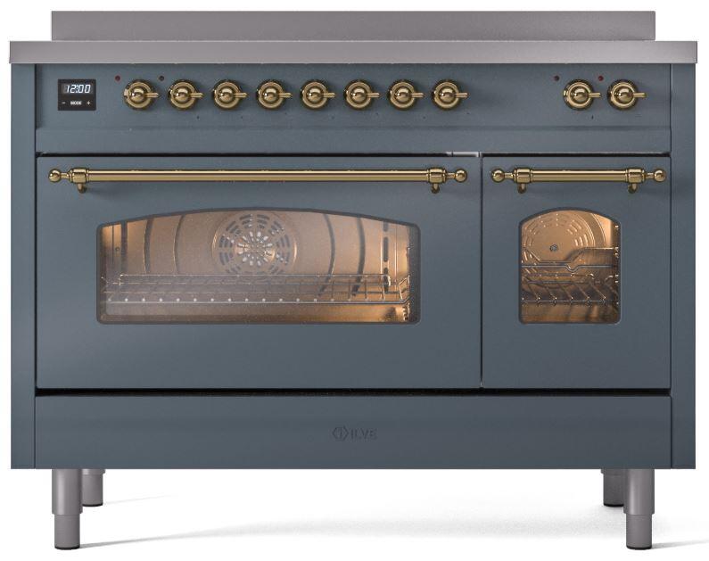 Nostalgie II 48 Inch Electric Freestanding Range in Blue Grey with Brass Trim