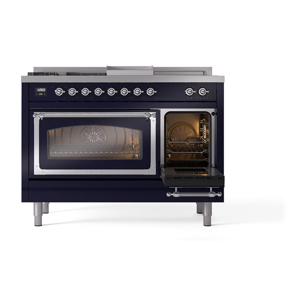 ILVE UN48FSNMPMBCLP Nostalgie II Noblesse 48 inch Dual Fuel Range (5 Sealed Burners + Griddle + French Top, Liquid Propane, Triple Glass Door, Midnight Blue, Chrome)