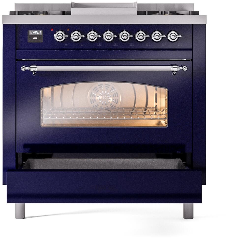 Nostalgie II 36 Inch Dual Fuel Liquid Propane Freestanding Range in Blue with Chrome Trim