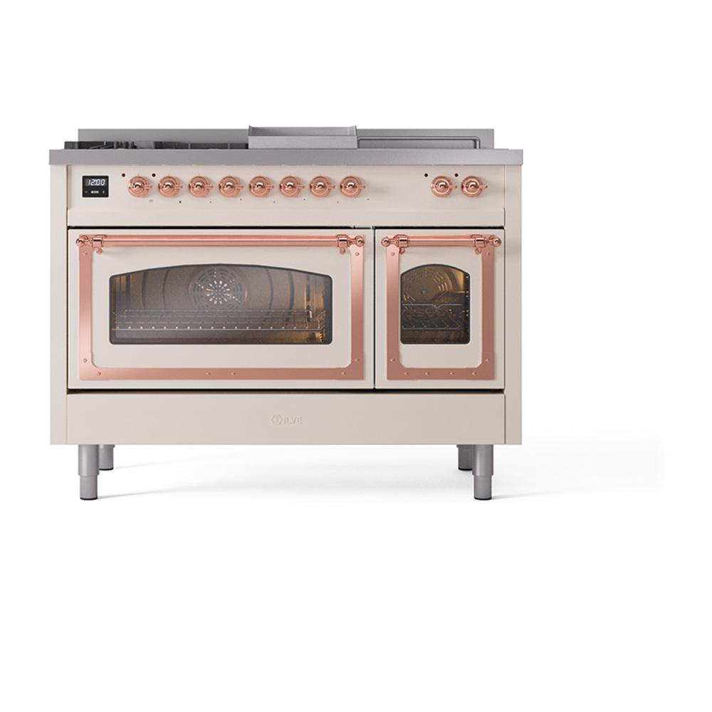 ILVE UN48FSNMPAWPLP Nostalgie II Noblesse 48 inch Dual Fuel Range (5 Sealed Burners + Griddle + French Top, Liquid Propane, Triple Glass Door, Antique White, Copper)