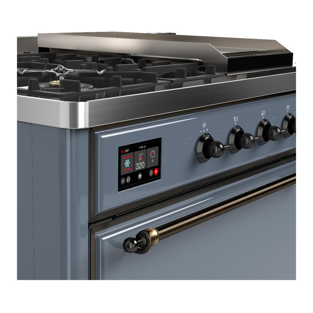 ILVE UM48FSQNR3BGBLP Majestic III 48 inch Dual Fuel Range with 5 Black Brass Burners, Griddle and French Top, Dual Function Burner up to 25,000 BTU (Liquid Propane, Solid Door, Blue Grey, Burnished)