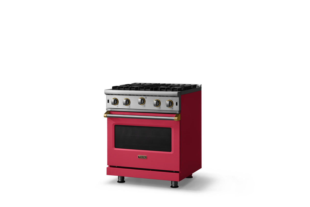 30"W. Open Burner Gas Range (Finish: Valentine, Trim: Brushed Brass, Fuel: Natural Gas)