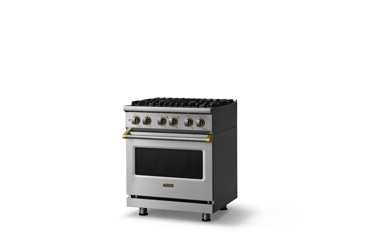 30"W. Dual Fuel Range (Finish: Stainless Steel, Trim: Brushed Brass, Fuel: Propane)