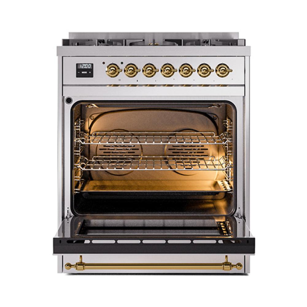 ILVE UN30NMPSSGLP Nostalgie II Noblesse 30 inch Dual Fuel Range (Liquid Propane, Triple Glass Door, Stainless Steel, Brass)
