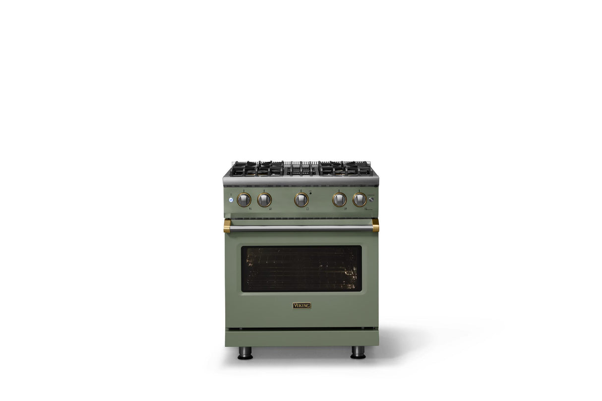 30"W. Sealed Burner Gas Range (Finish: Eucalyptus, Trim: Brushed Brass, Fuel: Natural Gas)