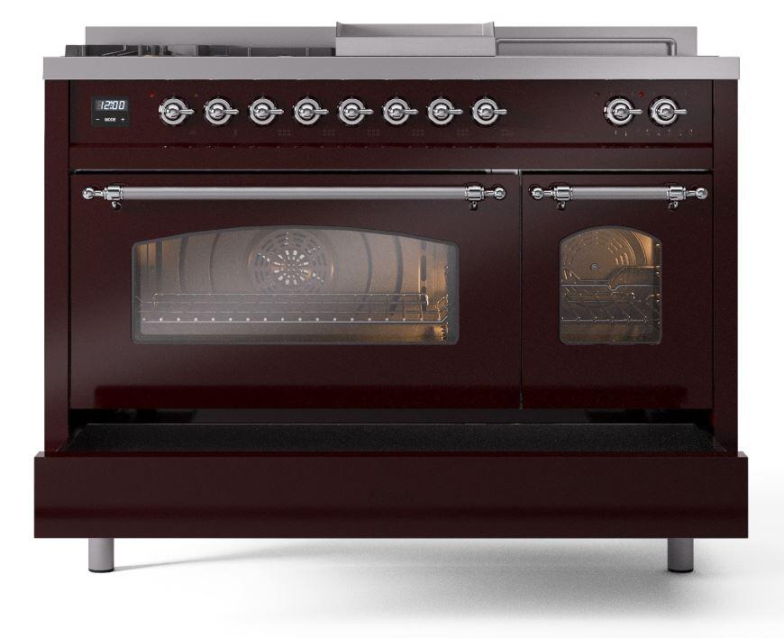 Nostalgie II 48 Inch Dual Fuel Liquid Propane Freestanding Range in Burgundy with Chrome Trim