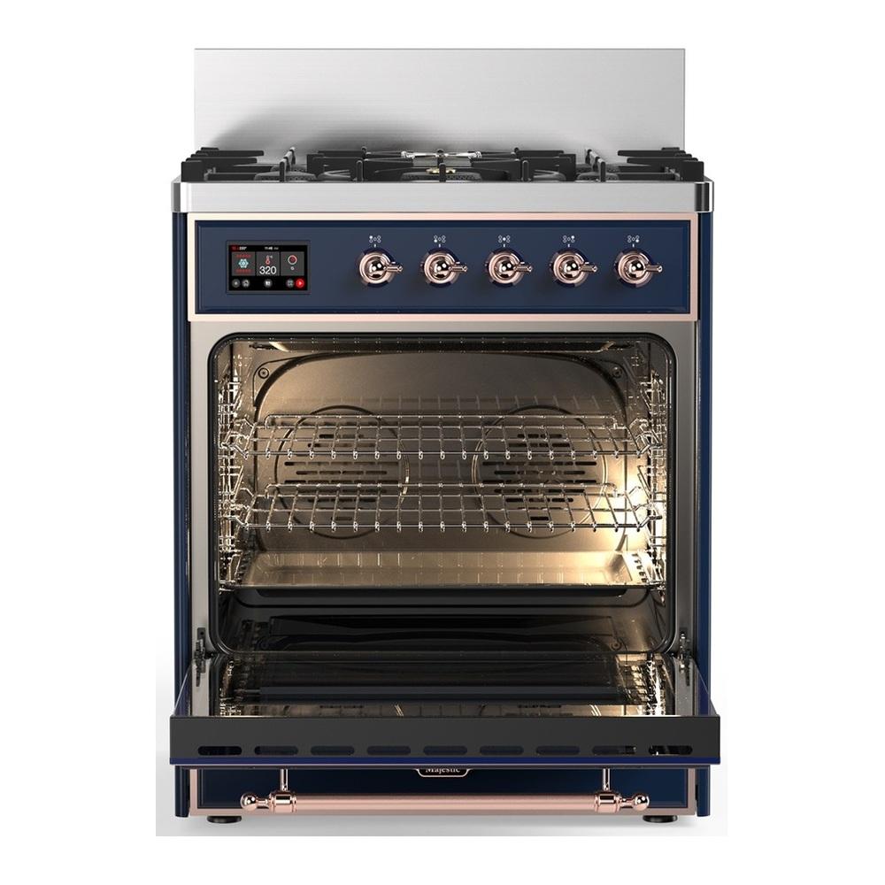 ILVE UM30QNR3MBPLP Majestic III 30 inch Dual Fuel Range with 5 Black Brass Burners, Dual Function Burner up to 25,000 BTU (Liquid Propane, Solid Door, Midnight Blue, Copper)