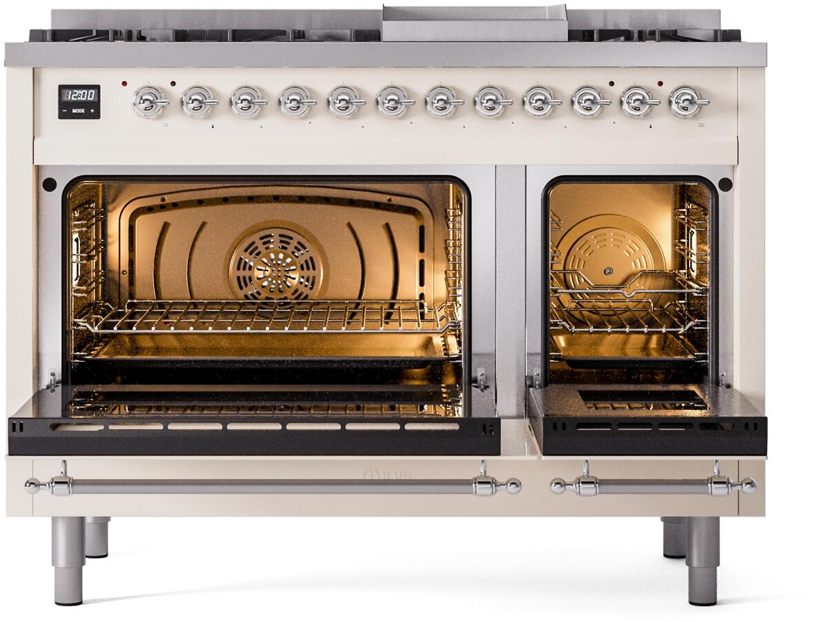 Nostalgie II 48 Inch Dual Fuel Liquid Propane Freestanding Range in Antique White with Chrome Trim