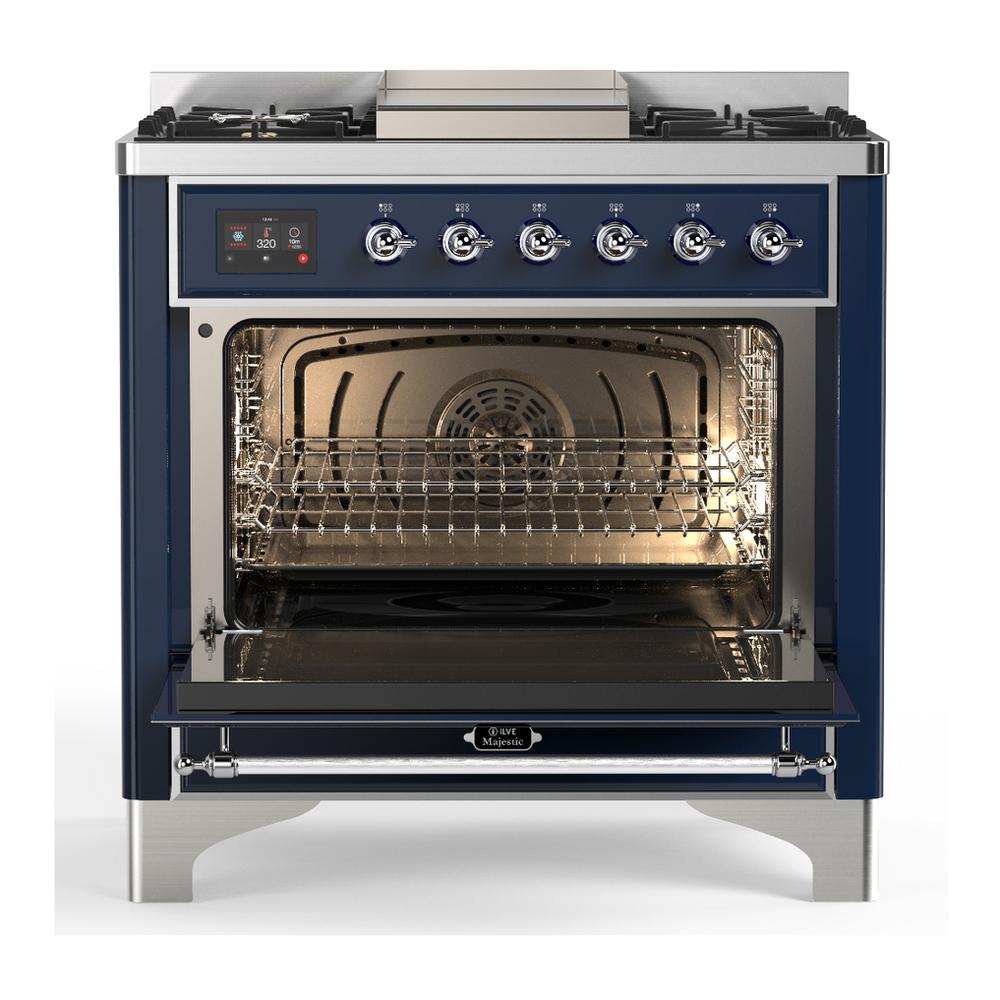 ILVE UM36FNR3MBC Majestic III 36 inch Dual Fuel Range with 6 Black Brass Burners and Griddle, Dual Function Burner up to 25,000 BTU (Triple Glass Door, Midnight Blue, Chrome, Natural Gas)
