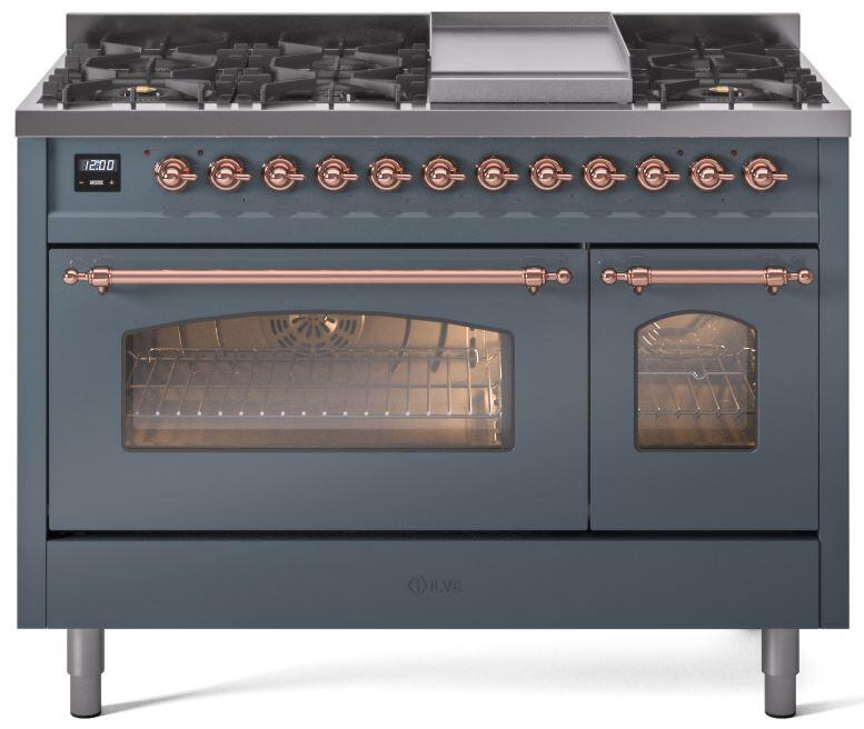 Nostalgie II 48 Inch Dual Fuel Natural Gas Freestanding Range in Blue Grey with Copper Trim