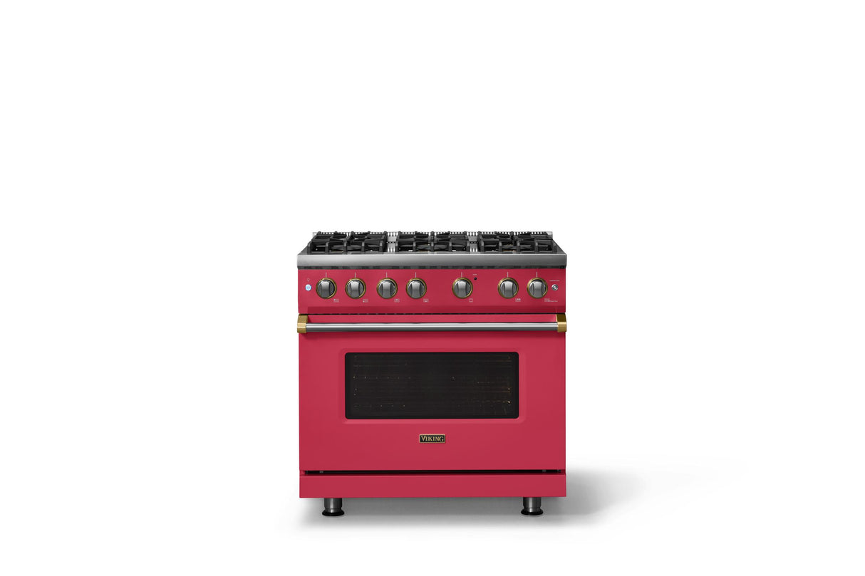 36"W. Sealed Burner Gas Range (Burner: 6b, Finish: Valentine, Trim: Brushed Brass, Fuel: Propane)