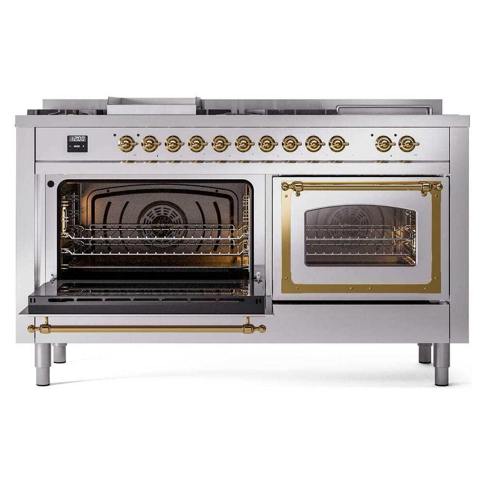 ILVE UN60FSNMPSSGLP Nostalgie II Noblesse 60 inch Dual Fuel Range (7 Sealed Burners + Griddle + French Top, Liquid Propane, Triple Glass Door, Stainless Steel, Brass)