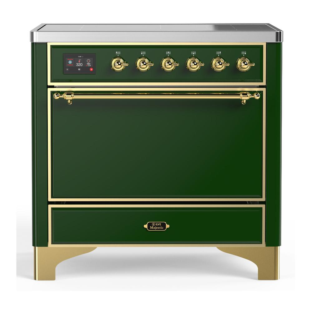 ILVE UMIB36QNR3EGG Majestic III 36 inch Induction Range with 6 Elements, 3.5 cu. ft. Total Oven Capacity (Solid Door, Emerald Green, Brass)