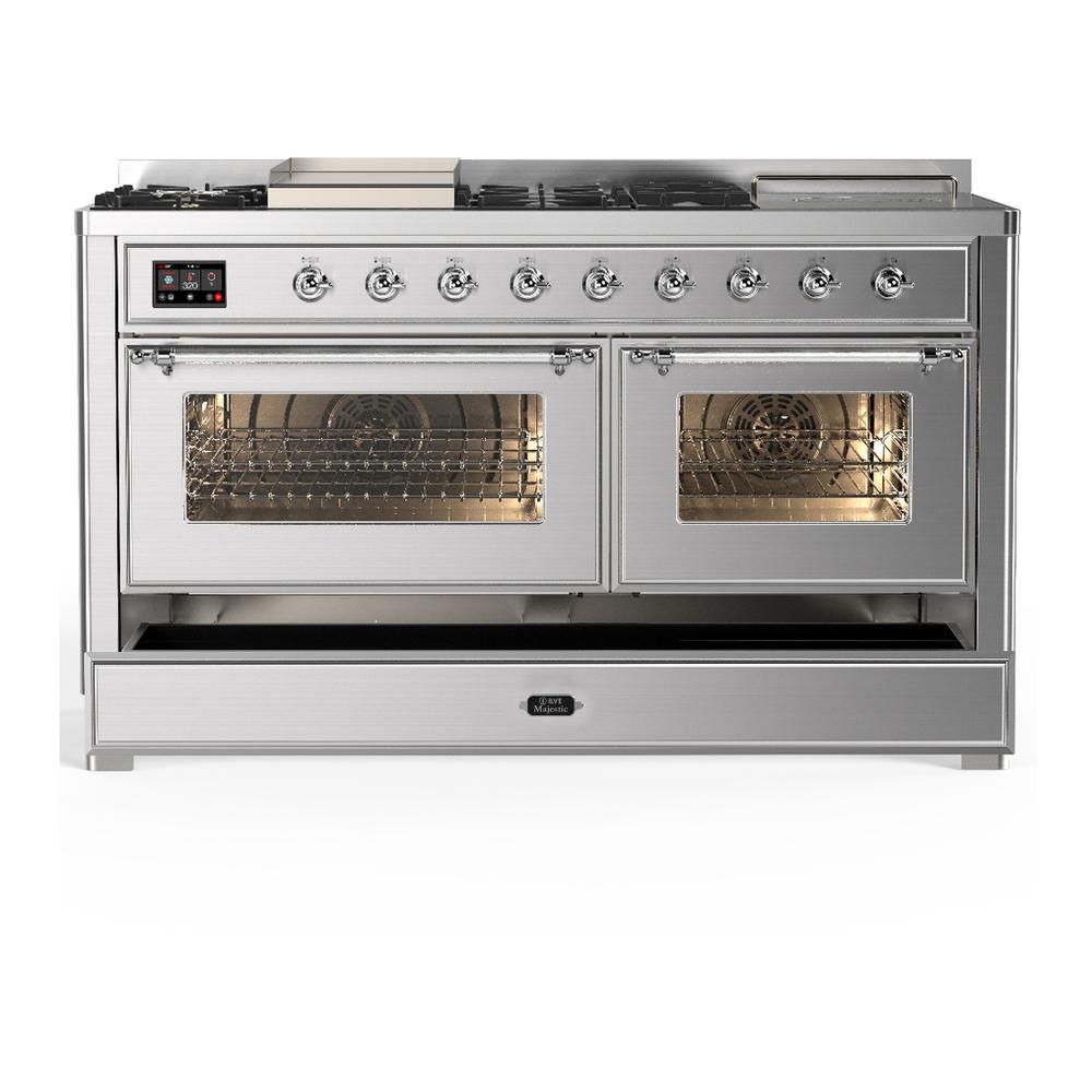 ILVE UM60FSNR3SSC Majestic III 60 inch Dual Fuel Range with 7 Burners, Griddle and French Top, Dual Function Burner with up to 25,000 BTU (Natural Gas, Triple Glass Door, Stainless Steel, Chrome)
