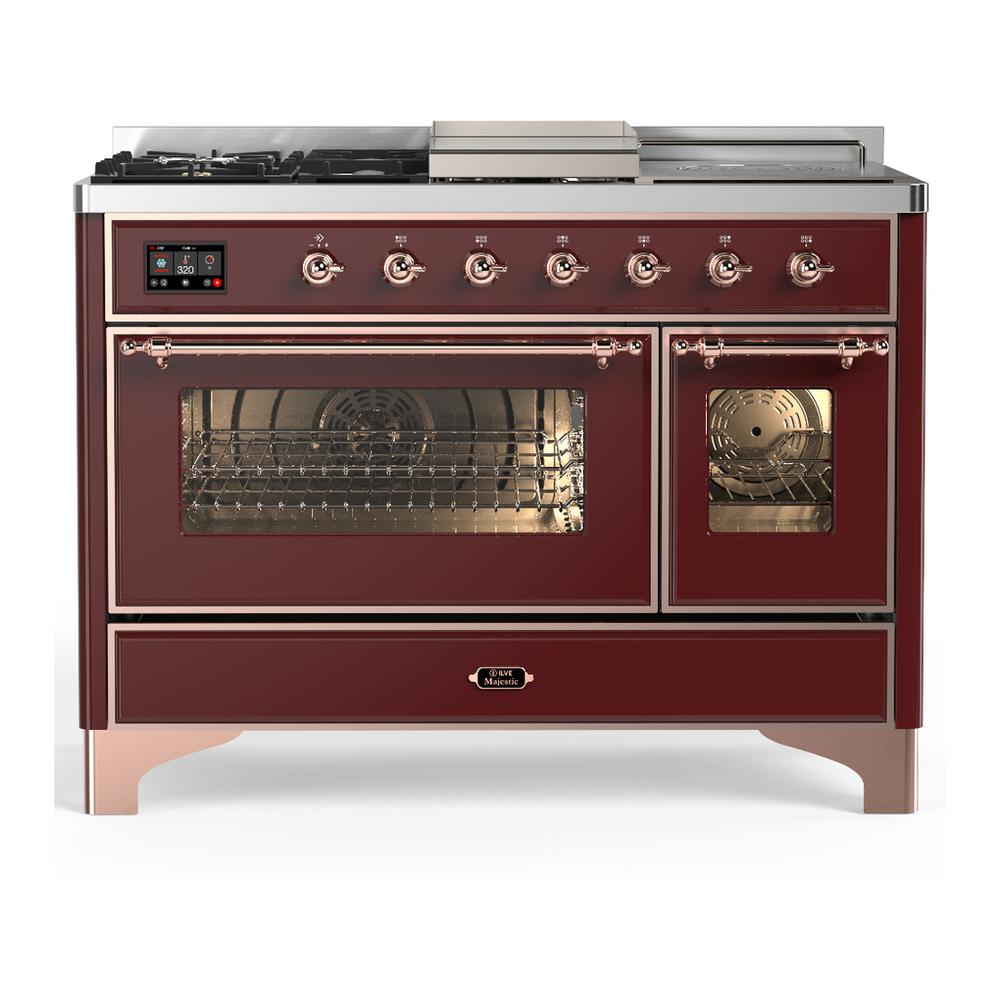 ILVE UM48FSNR3BUP Majestic III 48 inch Dual Fuel Range with 5 Black Brass Burners, Griddle and French Top, Dual Function Burner up to 25,000 BTU (Natural Gas, Triple Glass Door, Burgundy, Copper)