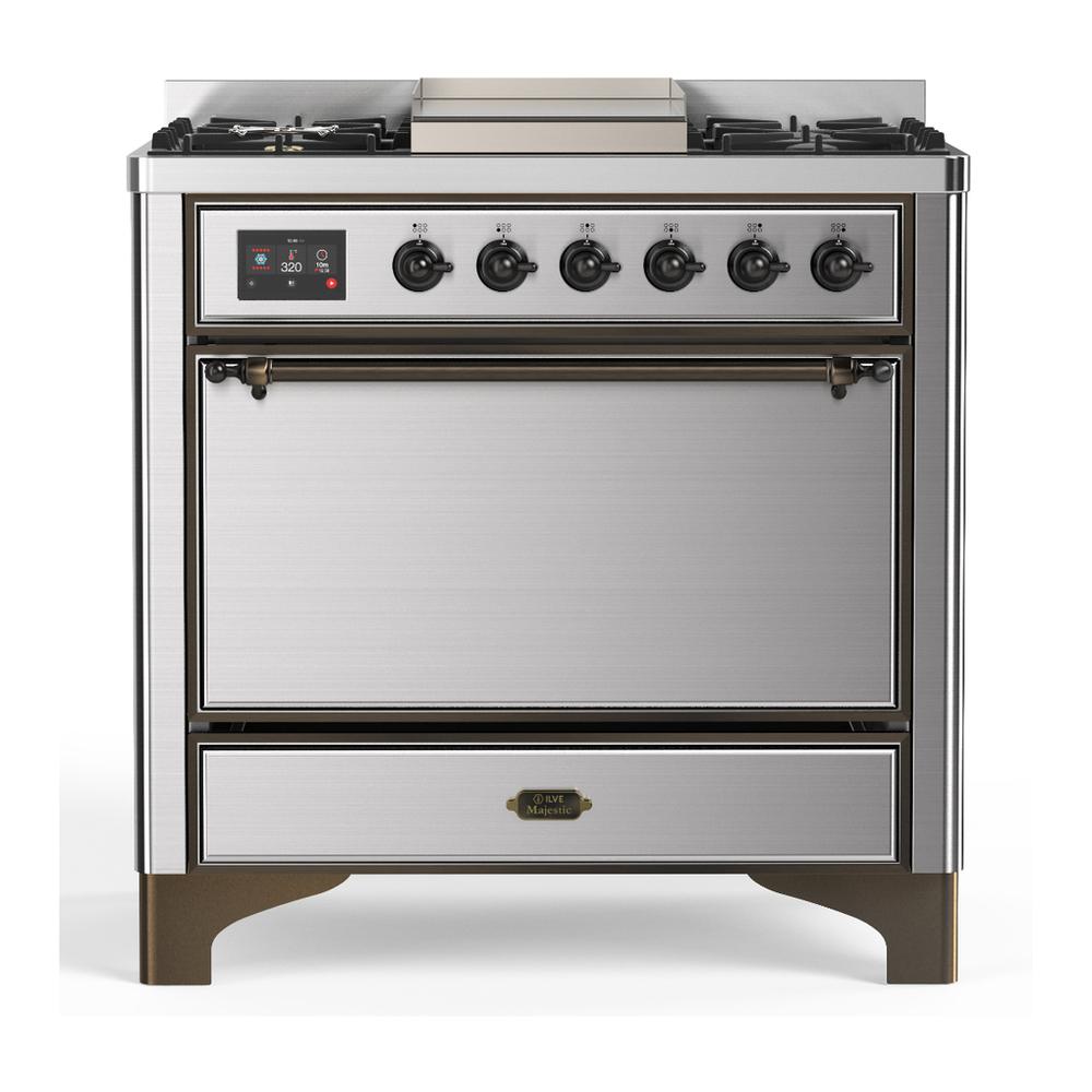 ILVE UM36FQNR3SSB Majestic III 36 inch Dual Fuel Range with 6 Black Brass Burners and Griddle, Dual Function Burner up to 25,000 BTU (Solid Door, Stainless Steel, Burnished, Natural Gas)