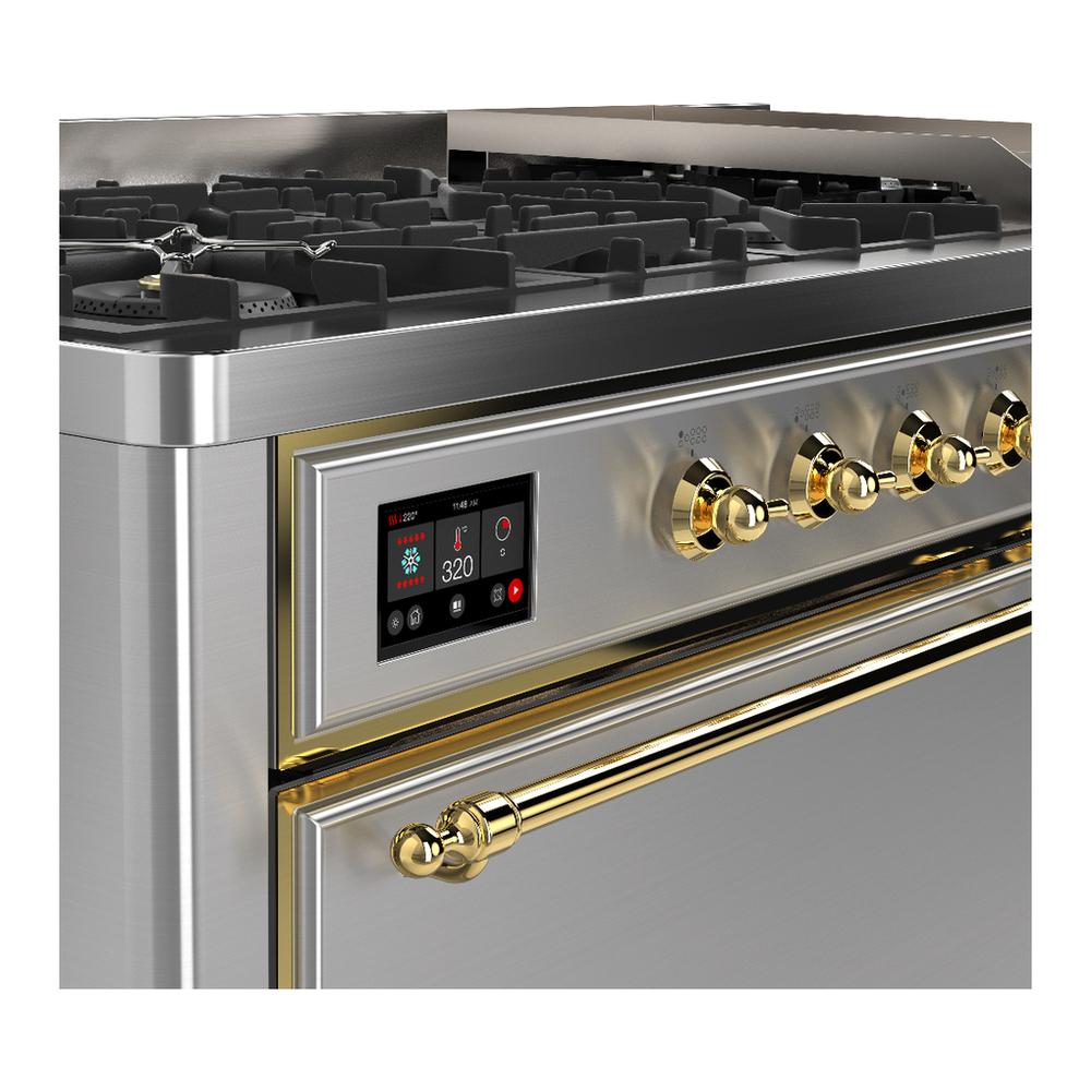 ILVE UM60FQNR3SSG Majestic III 60 inch Dual Fuel Range with 9 Burners and Griddle, Dual Function Burner up to 25,000 BTU (Natural Gas, Solid Door, Stainless Steel, Brass)