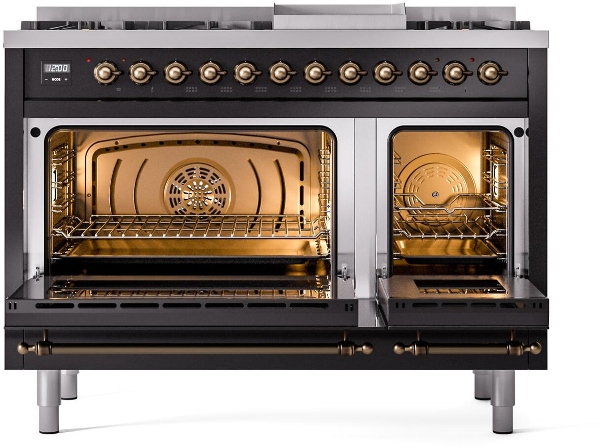 Nostalgie II 48 Inch Dual Fuel Natural Gas Freestanding Range in Glossy Black with Bronze Trim