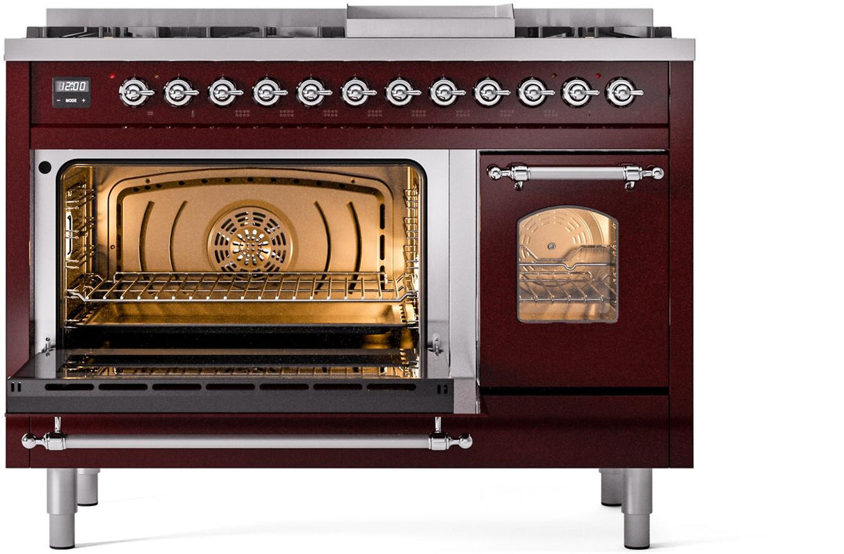 Nostalgie II 48 Inch Dual Fuel Natural Gas Freestanding Range in Burgundy with Chrome Trim