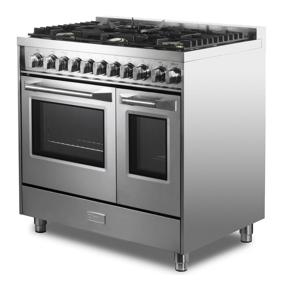 Verona VUFSGG365DSS 36 inch Ultima Collection Double Oven Gas Range with 5 Brass Burners, 4.1 cu. ft. Oven Total Capacity