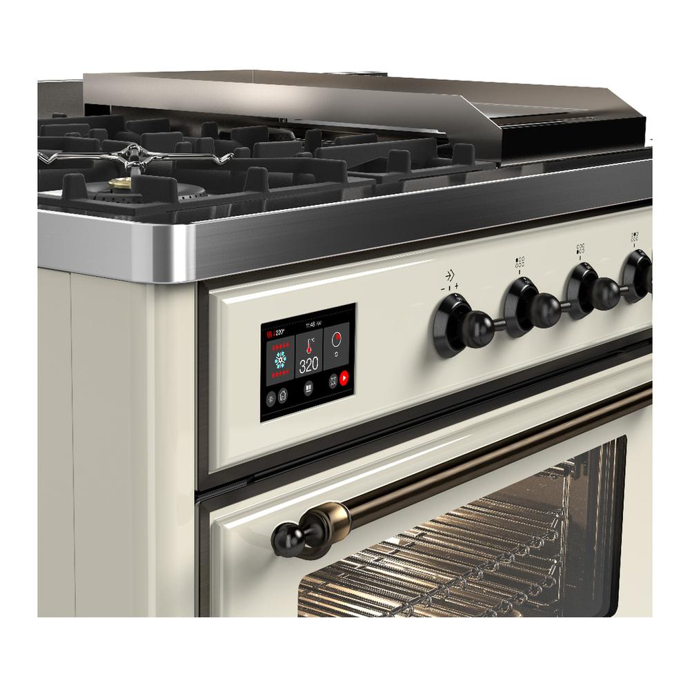 ILVE UM48FSNR3AWB Majestic III 48 inch Dual Fuel Range with 5 Black Brass Burners, Griddle and French Top, Dual Function Burner up to 25,000 BTU (Natural Gas, Triple Glass Door, Antique White, Burnished)