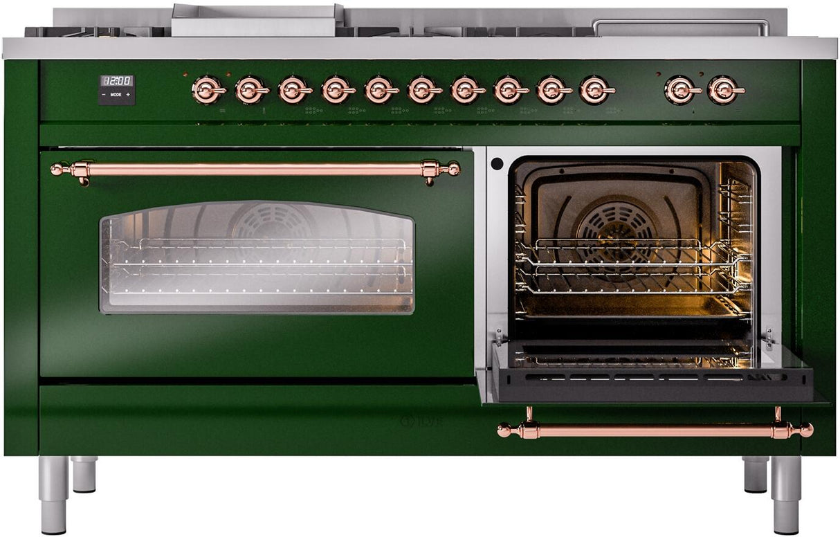 Nostalgie II 60 Inch Dual Fuel Liquid Propane Freestanding Range in Emerald Green with Copper Trim
