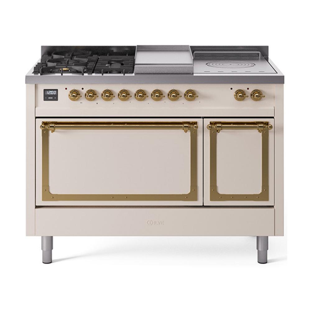 ILVE UN48FSQNMPAWGLP Nostalgie II Noblesse 48 inch Dual Fuel Range (5 Sealed Burners + Griddle + French Top, Liquid Propane, Solid Door, Antique White, Brass)