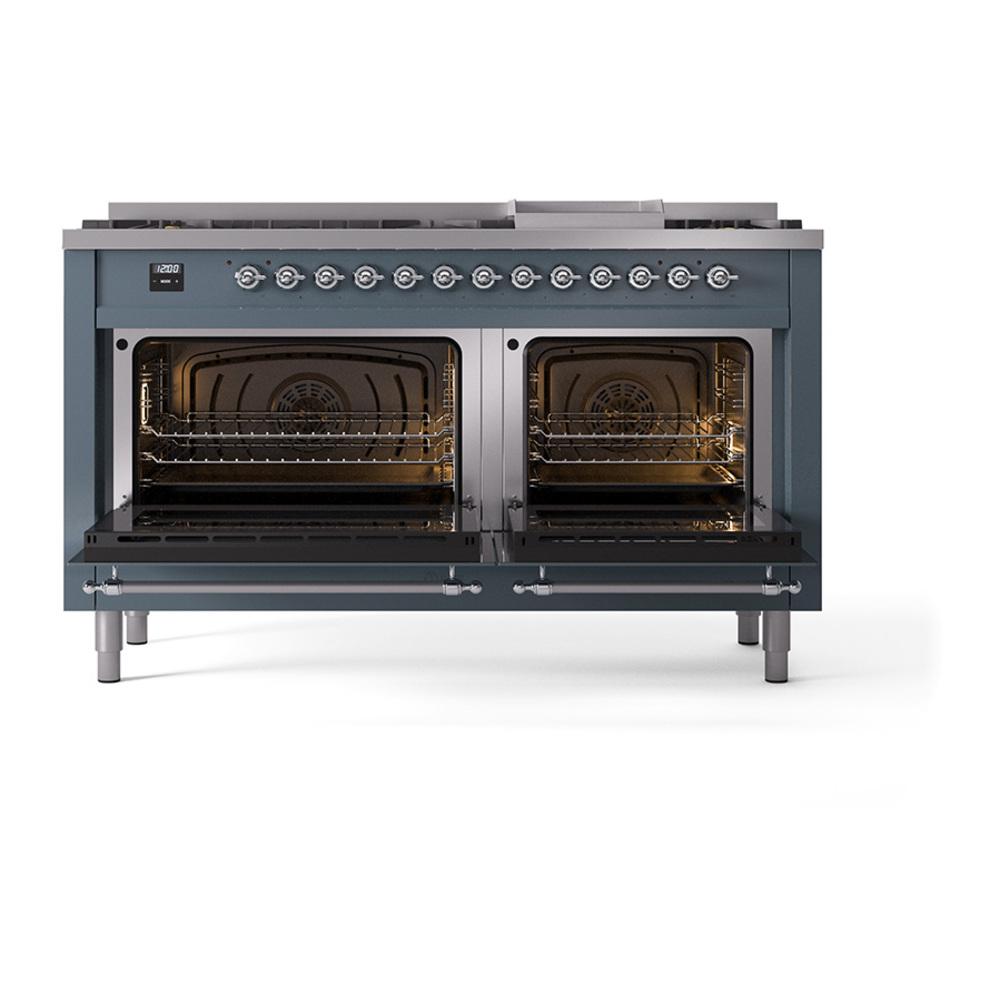ILVE UN60FNMPBGCLP Nostalgie II Noblesse 60 inch Dual Fuel Range (9 Sealed Burners + Griddle, Liquid Propane, Triple Glass Door, Blue Grey, Chrome)