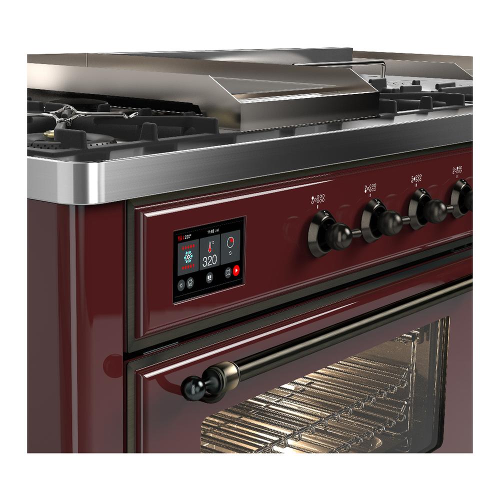 ILVE UM60FSNR3BUBLP Majestic III 60 inch Dual Fuel Range with 7 Burners, Griddle and French Top, Dual Function Burner with up to 25,000 BTU (Liquid Propane, Triple Glass Door, Burgundy, Burnished)