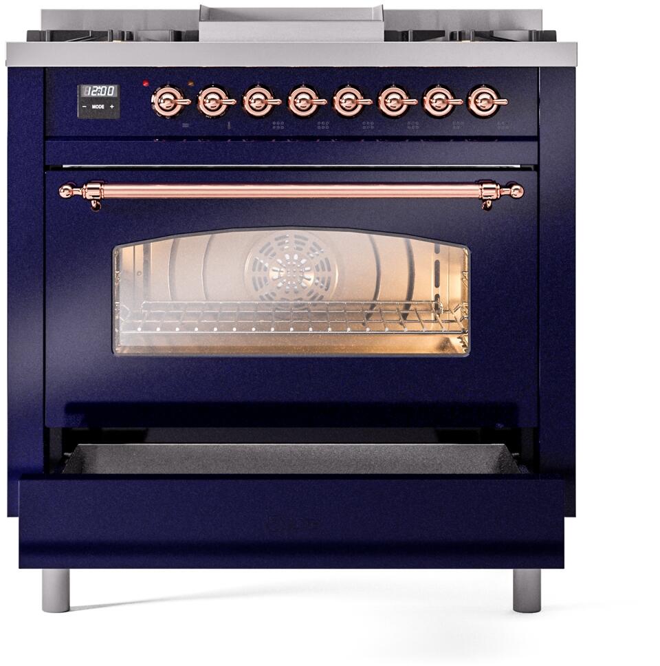 Nostalgie II 36 Inch Dual Fuel Liquid Propane Freestanding Range in Blue with Copper Trim