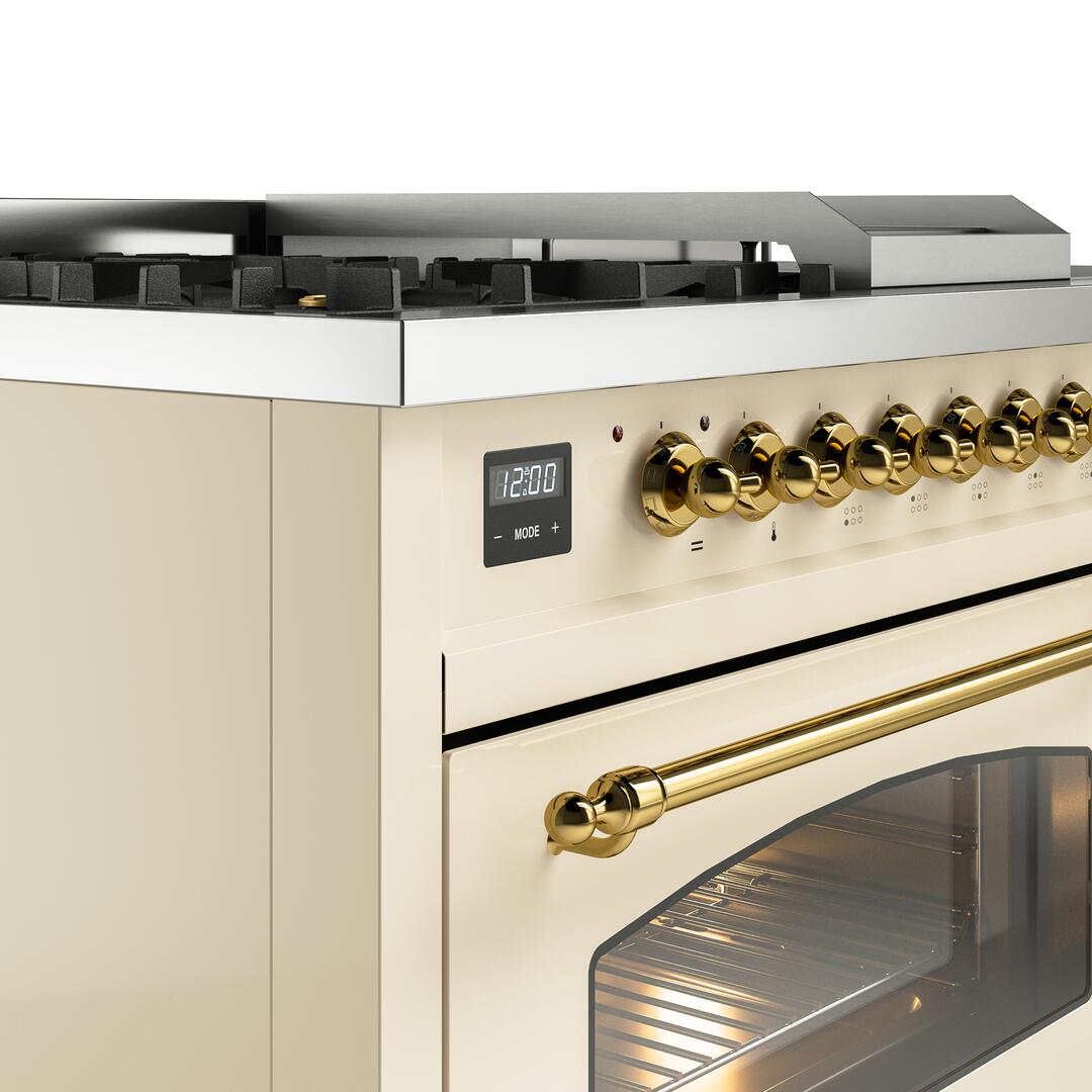 Nostalgie II 48 Inch Dual Fuel Natural Gas Freestanding Range in Antique White with Brass Trim