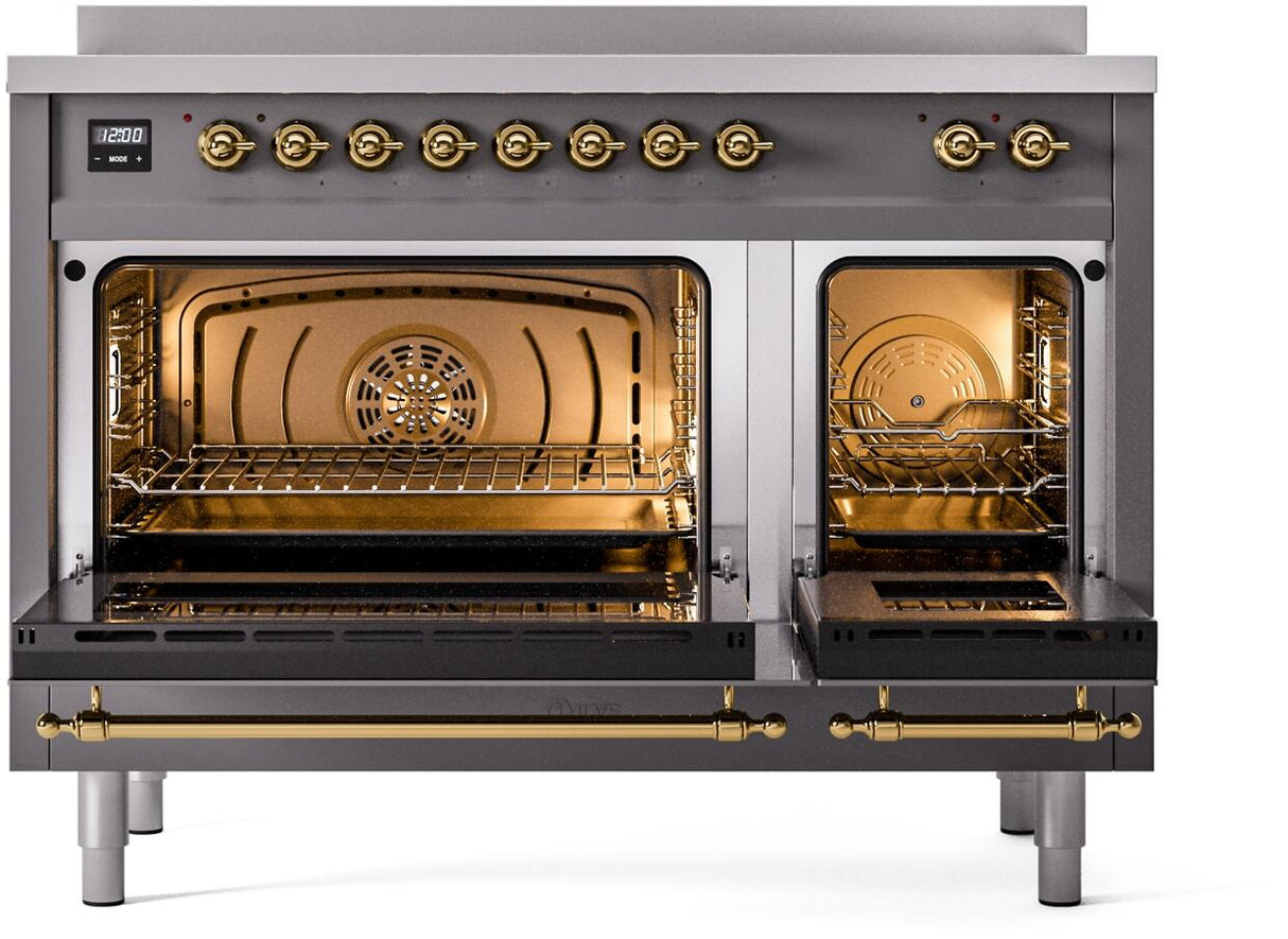 Nostalgie II 48 Inch Electric Freestanding Range in Matte Graphite with Brass Trim