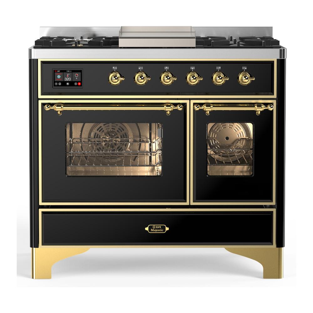 ILVE UMD40FNR3BKG Majestic III 40 inch Dual Fuel Range with 6 Burners and Griddle, Dual Function Burner up to 25,000 BTU (Natural Gas, Triple Glass Door, Glossy Black, Brass)