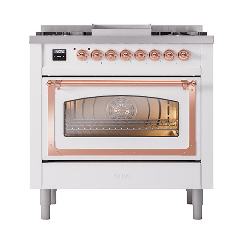 ILVE UN36FNMPWHPLP Nostalgie II Noblesse 36 inch Dual Fuel Range (Liquid Propane, Triple Glass Door, White, Copper)