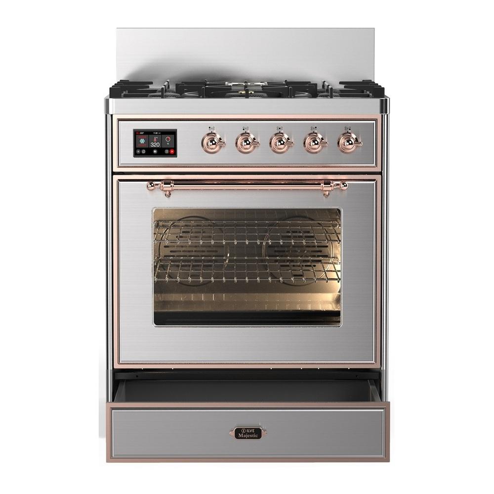 ILVE UM30NR3SSP Majestic III 30 inch Dual Fuel Range with 5 Black Brass Burners, Dual Function Burner up to 25,000 BTU (Natural Gas, Triple Glass Door, Stainless Steel, Copper)
