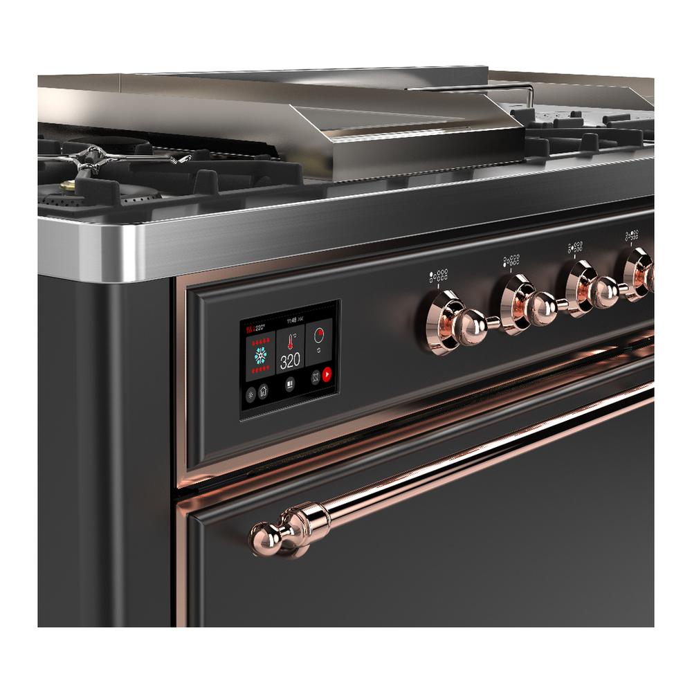 ILVE UM60FSQNR3MGPLP Majestic III 60 inch Dual Fuel Range with 7 Burners, Griddle and French Top, Dual Function Burner with up to 25,000 BTU (Liquid Propane, Solid Door, Graphite Matte, Copper)