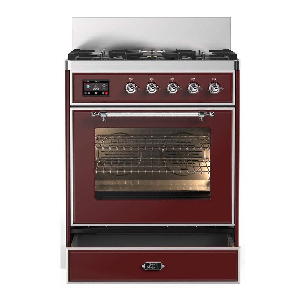 ILVE UM30NR3BUCLP Majestic III 30 inch Dual Fuel Range with 5 Black Brass Burners, Dual Function Burner up to 25,000 BTU (Liquid Propane, Triple Glass Door, Burgundy, Chrome)