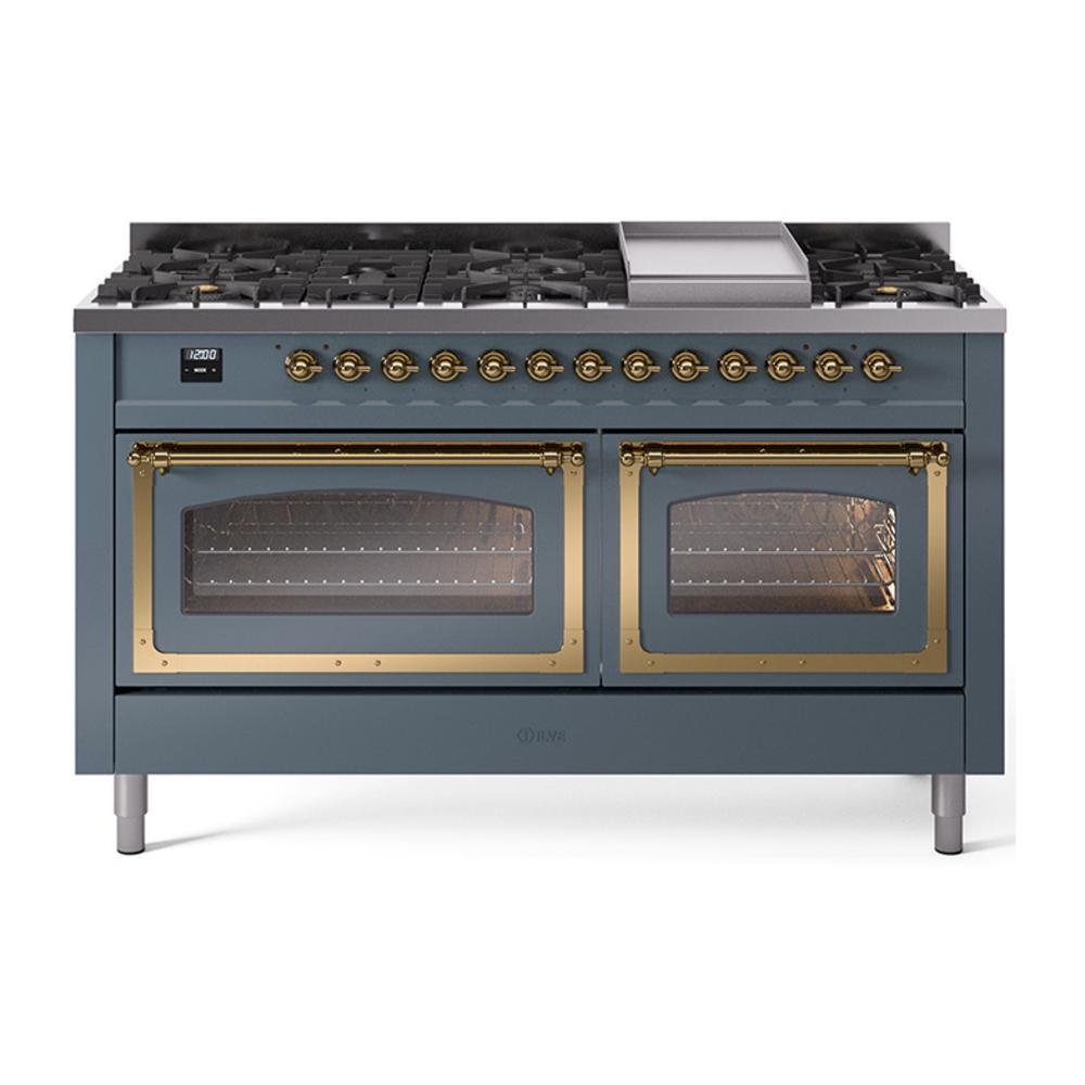 ILVE UN60FNMPBGG Nostalgie II Noblesse 60 inch Dual Fuel Range (9 Sealed Burners + Griddle, Natural Gas, Triple Glass Door, Blue Grey, Brass)