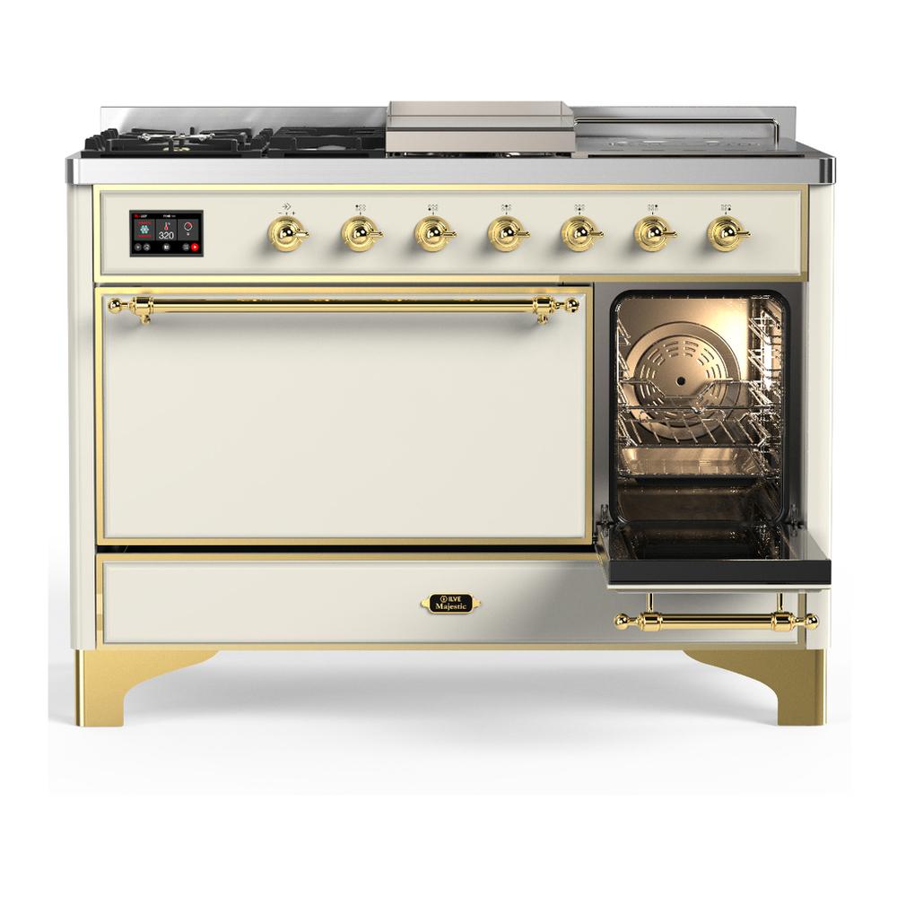 ILVE UM48FSQNR3AWGLP Majestic III 48 inch Dual Fuel Range with 5 Black Brass Burners, Griddle and French Top, Dual Function Burner up to 25,000 BTU (Liquid Propane, Solid Door, Antique White, Brass)