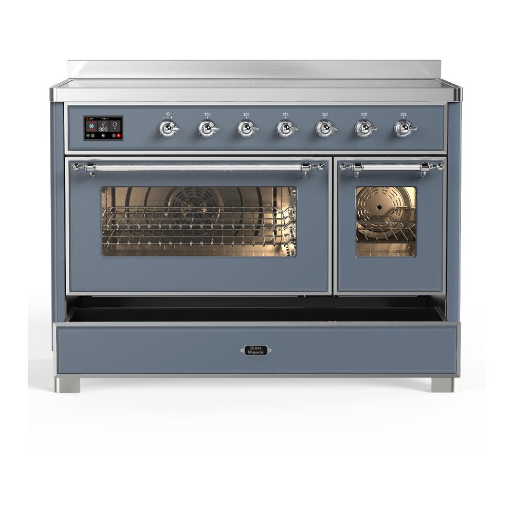 ILVE UMIB48NR3BGC Majestic III 48 inch Induction Range with 6 Elements, 5.02 cu. ft. Total Oven Capacity (Triple Glass Door, Blue Grey, Chrome)