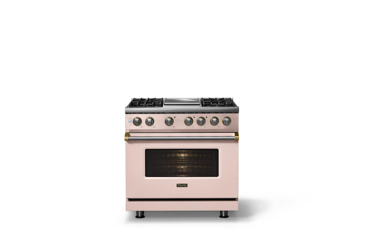36"W. Dual Fuel Range (Burner: 4g, Finish: Blush, Trim: Brushed Brass, Fuel: Propane)