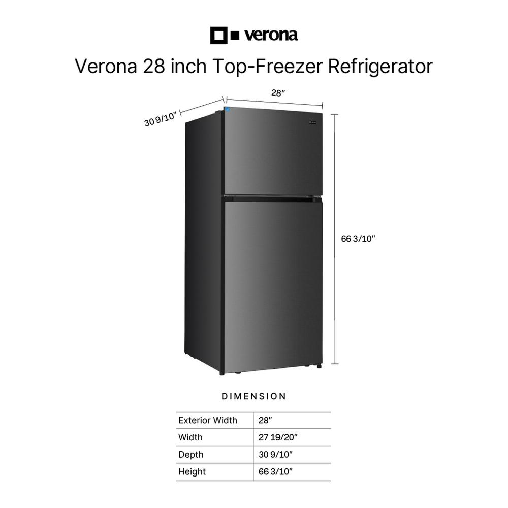 Verona VEFTF2817RBK 28 inch Top Freezer Refrigerator with 17.6 cu. ft. Total Capacity, Reversible Doors, Recessed Handle, Energy Star (Black)