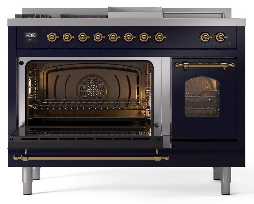 Nostalgie II 48 Inch Dual Fuel Liquid Propane Freestanding Range in Blue with Brass Trim