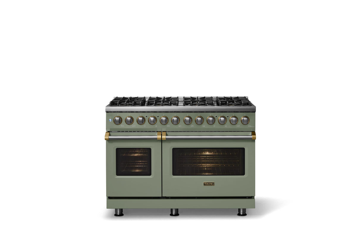48"W. Dual Fuel Range (Burner: 8b, Finish: Eucalyptus, Trim: Brushed Brass, Fuel: Propane)