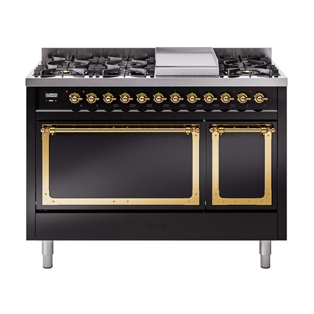 ILVE UN48FQNMPBKGLP Nostalgie II Noblesse 48 inch Dual Fuel Range (8 Sealed Burners + Griddle, Liquid Propane, Solid Door, Glossy Black, Brass)